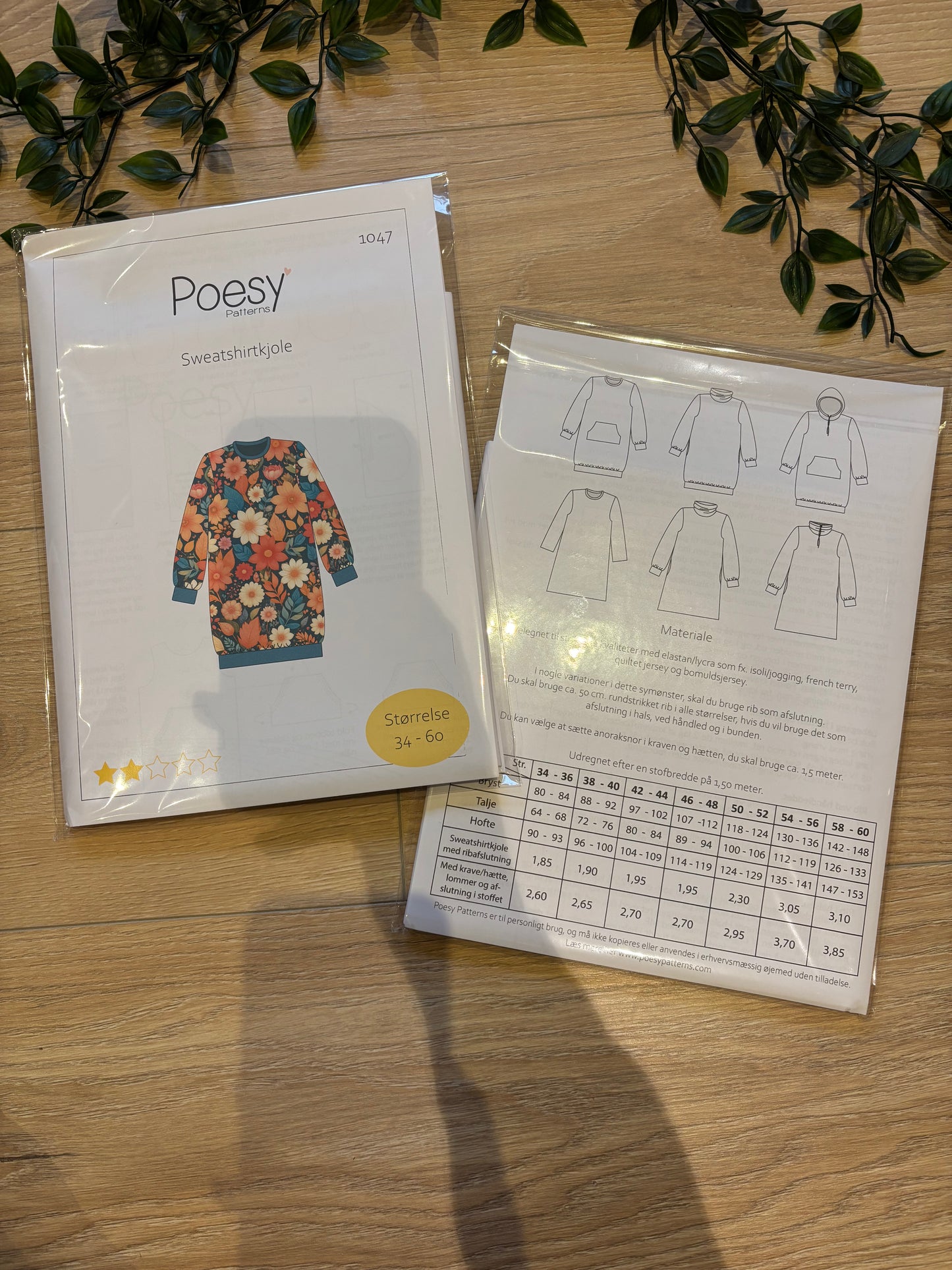Poesy mønster, sweatshirtkjole dame, str 34-60 🌸