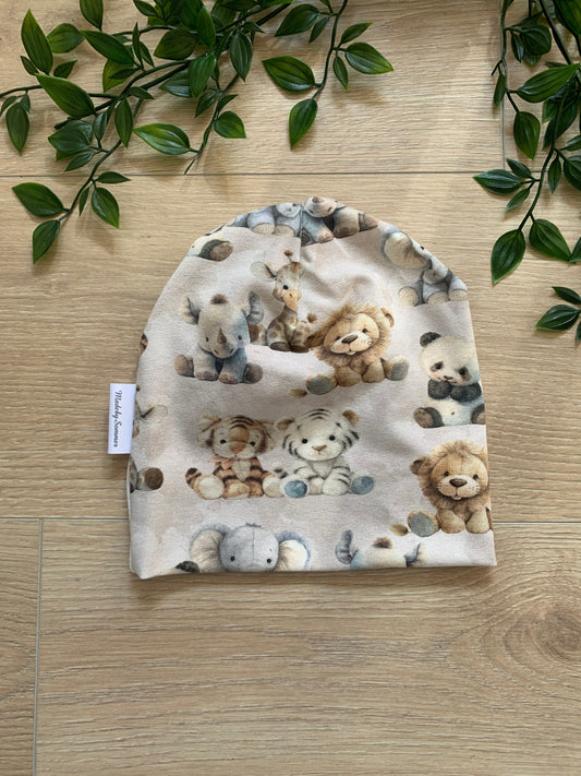 Top hue m/ søde bamse dyr, str 56/62 🦁